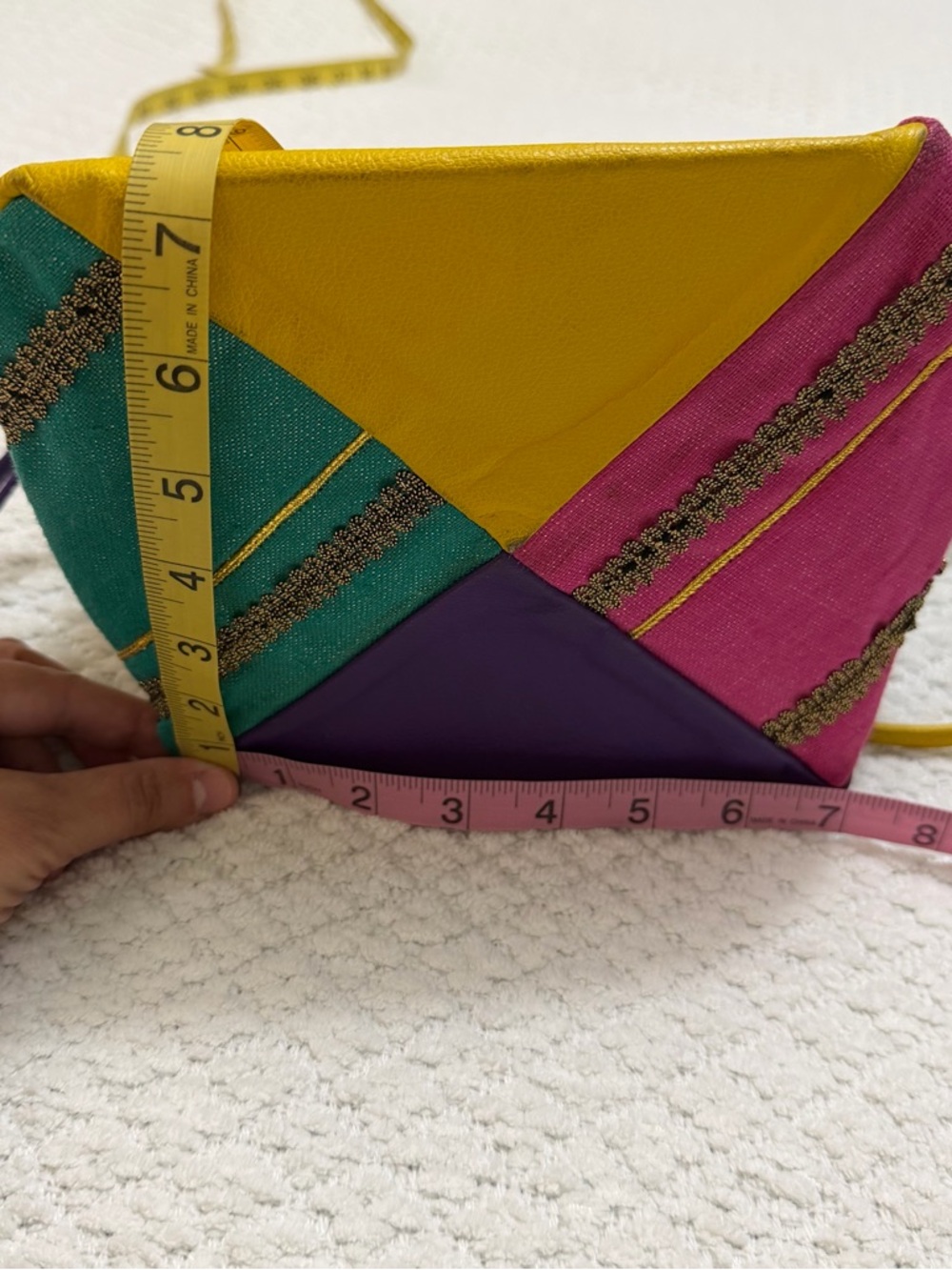 Vintage 80’s Colorblock Drawstring Shoulder Bag in Purple, Teal & Yellow - Picture 4 of 13